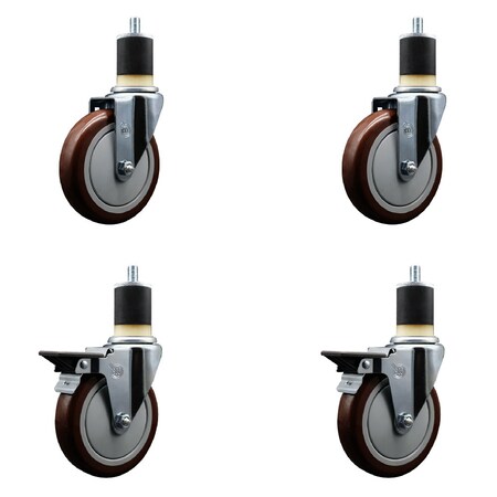 Service Caster 5'' Maroon Poly Wheel Swivel 1-7/8'' Expanding Stem Caster Set 2 Brakes, 4PK SCC-EX20S514-PPUB-MRN-2-PLB-2-178